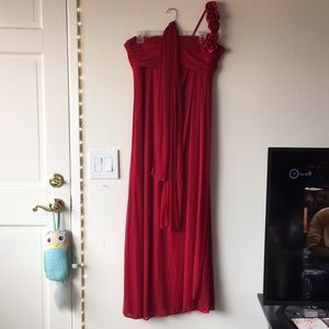 Red floor length Cindy dress w/rose shoulder strap